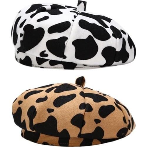Women Winter Vintage French Woolen Beret Cap Milk Cow Printed Harajuku Adjustable Octagonal Painter Newsboy Beanie Cap