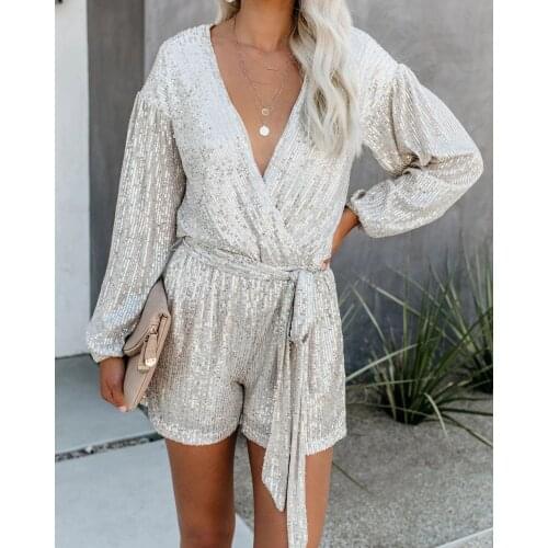 Silver Sequin Summer Womens Shorts Set Tie up Sexy Body Evening Occasion Wrap Dress Sashes V Neck Mini dress Plus Size
