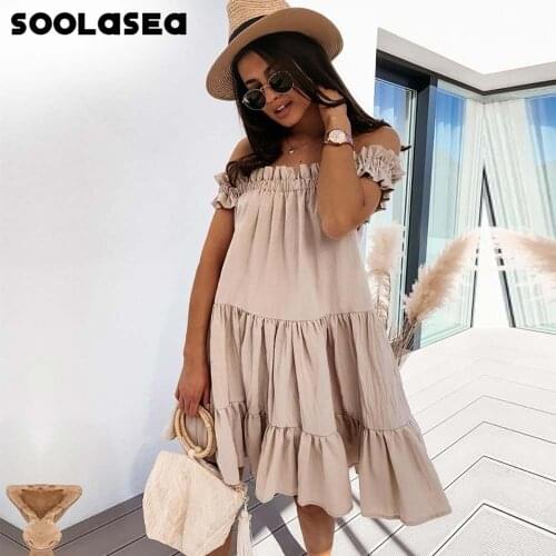 Soolasea 2021 New Casual Off Shoulder Short Sleeve Mini Sweet Dress Women Backless High Waist Loose Ruffle Solid Dress Vestidos