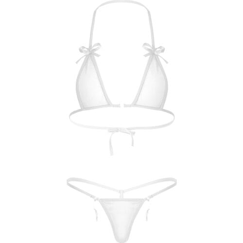 Women Micro Bikini Set Transparent See-through Mesh Bikini Underwear Swimwear Halter Lace-up unlined Bra Top with Monokini Thong