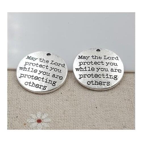 High Quality 20 Pieces/Lot Diameter 25mm Letter Printed May The Lord Protect You While You Are Protecting Others Message Charm