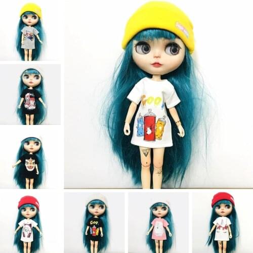 2pcs/Set Cool Blyth Clothes Classic Short-Sleeved Long T-Shirt White/Black/Pink Print Suitable for 1/6 Licca Momoko Dolls