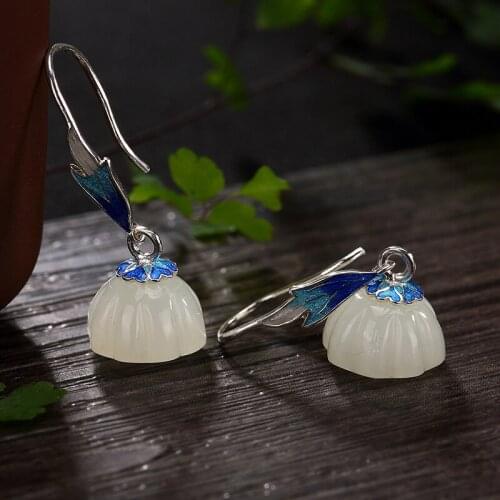 2018 Earings Fashion Jewelry Restoring Ancient Ways Natural Hetian Jade Lotus Cloisonne Fashion Earrings Products Wholesale