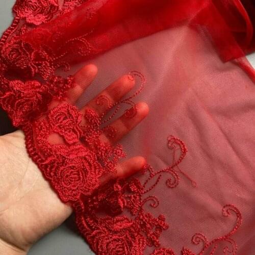 3Yds/lot 22cm Flower Wide Dark Red Fluorescent Red Floral Embroidery High Quality Lace Trim For Garments And Wedding
