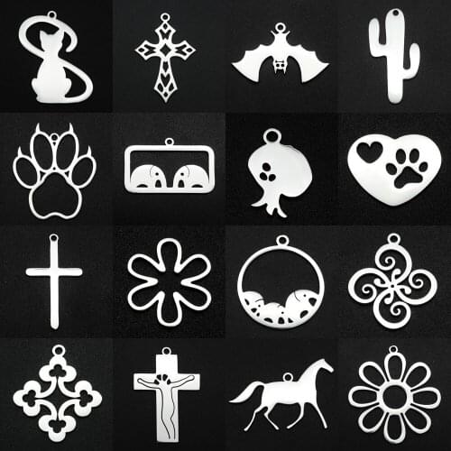 5pcs/lot 100% Stainless Steel Cross Flower Bird Charms Wholesale Butterfly Bat Elephant Night Owl for DIY Jewelry Making