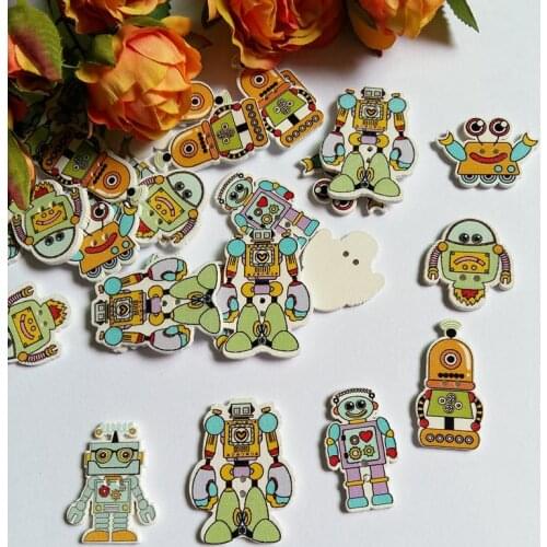 50pcs Random Mixed Style Cartoon robot Buttons Scrapbook Wooden Decorative Buttons for Crafts Sewing Accessories