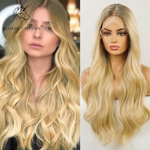 Blonde Unicorn Ombre Brown to Blonde Long Wavy Synthetic Lace Part Hair Wigs For Black White Women Heat Resistant Daily Use Wig