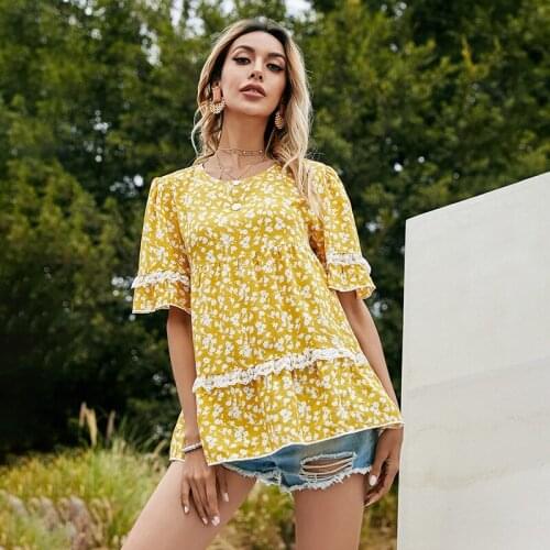 Yellow Floral Print Lace Blouse Women Fashion T Shirt Ladies Summer Loose O-Neck Ruffles Half Sleeve Shirt Casual Home Tee Tops