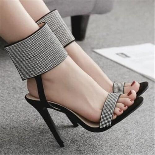 Women sandals Sequined Cloth Slip On 11.5CM Thin Heels High heels Round Toe Rhinestones Shallow sandal women shoes size 35-42