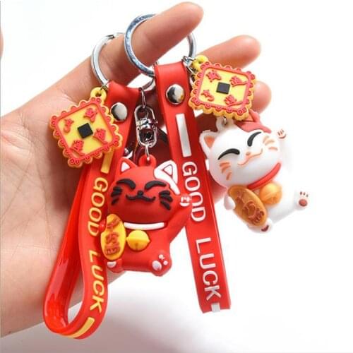 1Pcs Cute Cartoon Lucky Cat Key Chain PVC Keychain Maneki Neko Cat Car Key Ring Charm Bag Pendant Gift Accessories