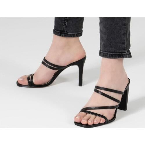 Callizio Womens Genuine Leather Slippers Thin Banded Open Toe Rectangular Heel Outside Slipper Woman Modern Shoes туфли женские