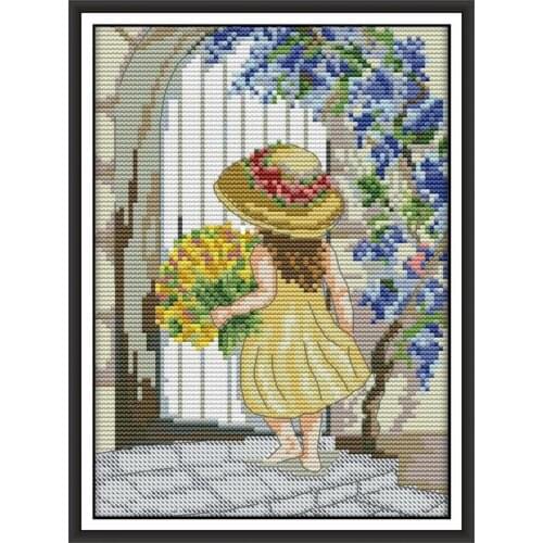 JoySunday Cross Stitch Kit Send Flowers Little Girl Printed Cloth 14CT11CT Embroidery Kit DIY Hand Sewn Home Decoration Painting