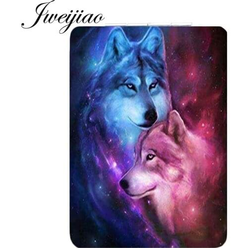 Youhaken Wolf Pattern Multi-shape Personality Fashion Pocket Mirror Folding Leather PU Portable Popular Makeup Mirror