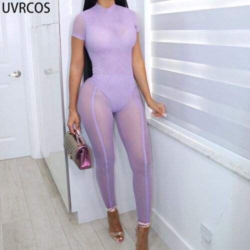 UVRCOS Two Piece Set Women Top And Pants Mesh See Through Skinny Slim Sexy Mujer New Fashion Summer 2021 Short Sleeve Pant Suits