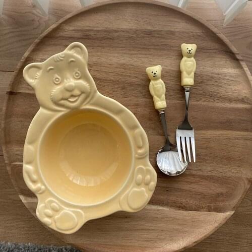 Korean Cartoon Student Tableware 2021 New INS Cute Bear Ceramic Bowls Childrens Dessert Breakfast Cereal Fruit Salad Soup Bowl