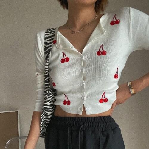 Little cute retro red cherry short cardigan sweater long sleeve top kardigan damski swetry топ с длинным рукавом black cardigan