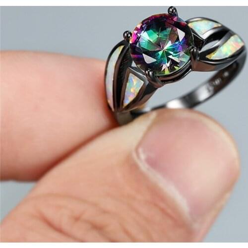 Fashion Rainbow Round Zircon Engagement Ring Dainty Female White Opal Stone Ring Vintage 14KT Black Gold Wedding Rings For Women