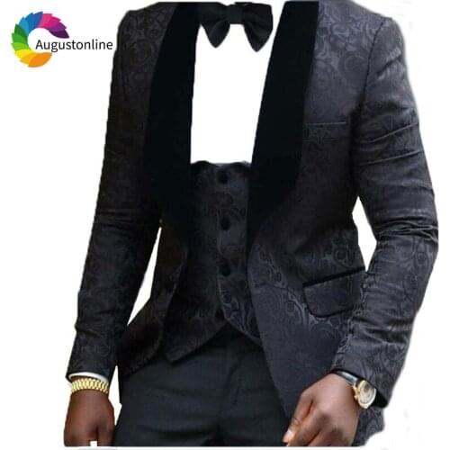 Custom Made Blue/Black Pattern Men Suits Wedding Shawl Lapel Groom Tuxedo 3 Piece Slim Fit Best Man Blazer Jacket+Pants+Vest