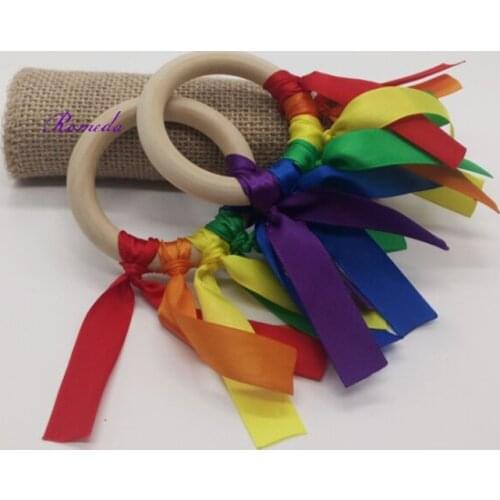 Newest 20pcs/lot Rainbow Ribbons Wooden Ring for Teething Waldorf Toy