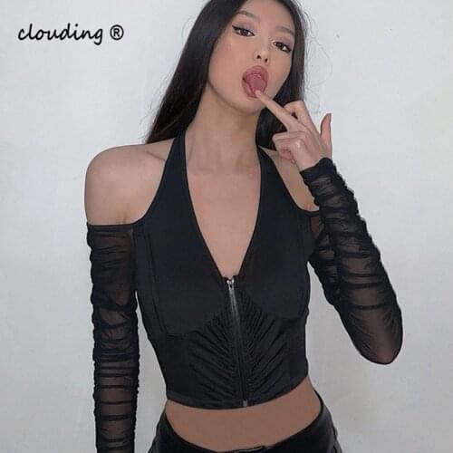2021 New Womens Slim Fit V-Neck Hanging Neck T-Shirt Perspective Sexy Mesh Long-Sleeved T-Shirt Fashion Waist Long Sleeves