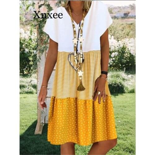 Boho Womens Summer Knee Length Dress 2020 V-neck Three Colors Gradient Loose Dresses Plus Size Casual A-Line Dress For Girls