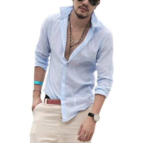 Mens Thin Washed Linen Long Sleeve Shirt Pure Color Leisure White Shirt men shirts longsleeve shirt for men