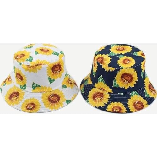 New Printed Sunflower Fisherman Hat Female Trend Double-sided Basin Hat Men and Women Summer Beach Sunscreen Sun Hat