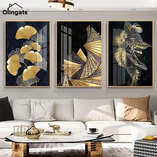 Nordic Golden Abstract Flower Leaf Canvas Painting Wall Art Plant Leaves Poster and Prints Wall Picture for Living Room Decor