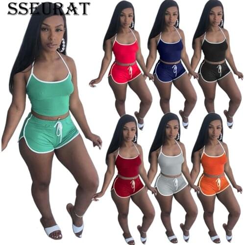 SSEURAT Sport Two Piece Set Women Summer Bandage Solid Color Backless Crop Top Fashion Shorts Sweatsuit Outfits 2021