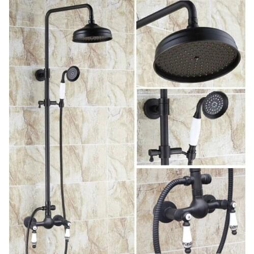 Dark Black Oil Rubbed Brass 8" inch Round shower Head 2 Ceramics Lever Wall Mounted Bathroom Rain Shower Faucet Set ars518