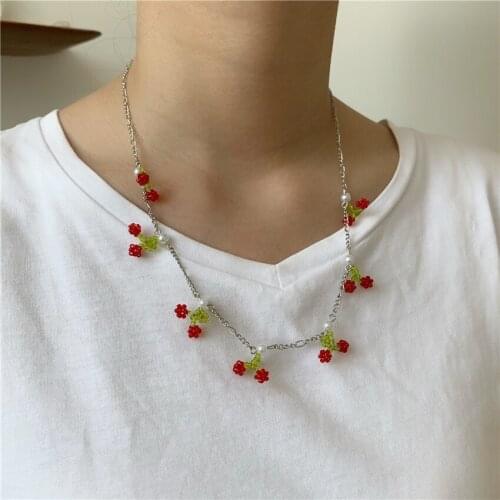 U-Magical Sweet Red Color Beads Cherry Braid Chokers Necklace for Women Gold Color Metallic Chains Fruit Necklaces Jewellery