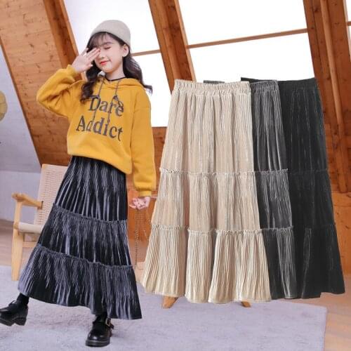 2021 Spring Teenage Girls New Velvet Solid Skirt Elegant Children Fashion Clothing Kids A-line Long Style Skirt, #9313