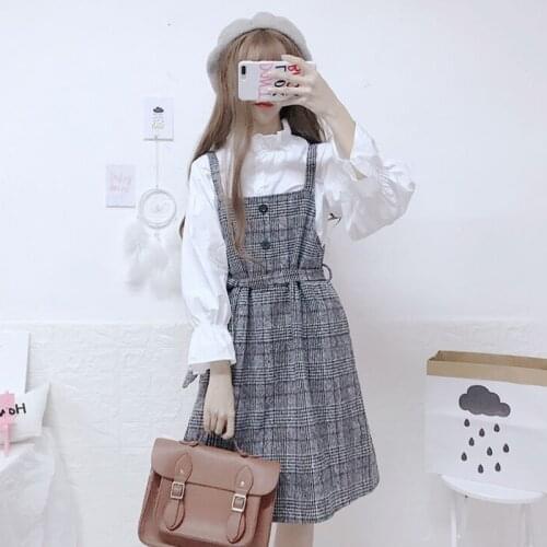 Vintage Style Cute Womens 2 Pieces Set: Plaid Sleeveless Dress + White Shirt Blouse Straps Jumper Jumpsuit Overall Dress