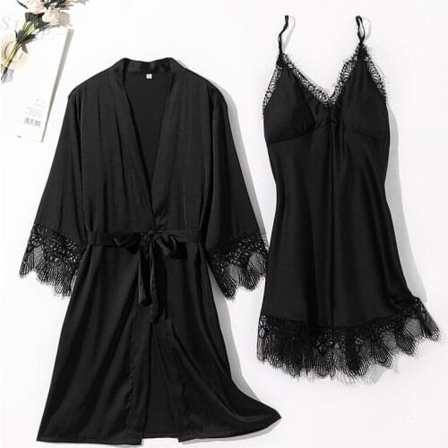 Women Nightdress Black Satin Bathrobe Robe Gown Sets Summer Lace Leisure Elegant 2pcs Sleep Lounge Sleepwear