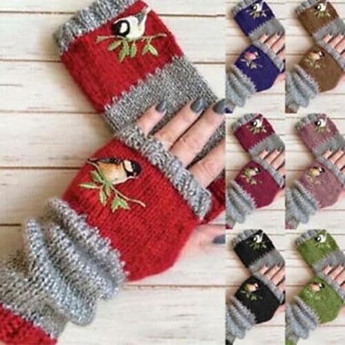 Women Winter Warm Knit Fingerless Gloves Thumbhole Arm Warmers Mittens, Birds Embroidery Thumb Hole Gloves Mittens