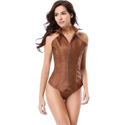 Women Steampunk Corset Bustier Long Overbust Lace Up Top Zipper Plus Size 6Xl Waist Tummy Slim Leather Clothes Bodysuit Corsets