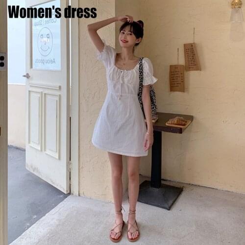 Females White Dress Polyester Square Neck Puff Sleeve Short Skirt for Summer d88