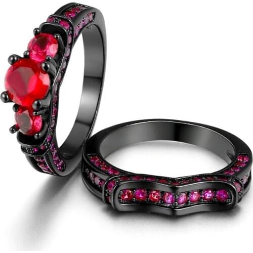 2 Pcs/Set Vintage Style Black Inilaid Red Crystal Zircon Rhinestone Female Ring Set for Women Party Jewelry Size 6-10