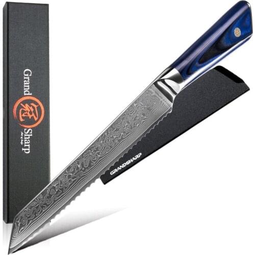 8 Inch Bread Knife Serrated Bread Knives Damascus Steel Slicing Knife Cheese Cake Cutter Kitchen Tools G10 Handle GRANDSHARP