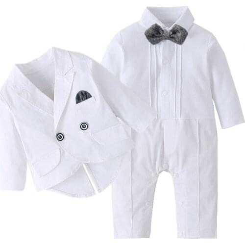Long Sleeve White Baby Baptism Dress for Boys Romper with Double Breasted Coat Solid Newborn Children Set