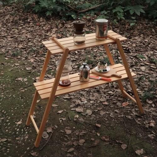 Outdoor Camping Double Shelving Beech Wooden Shelves BBQ Picnic Storage Rack Garden Patio Outdoor Decor