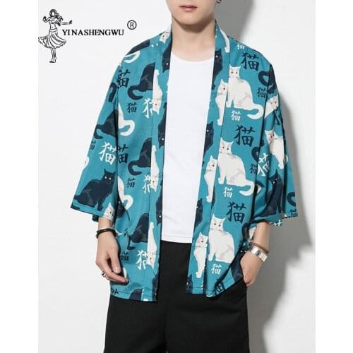 Cat Print Yukata Kimono Cardigan Men Kimono Femme Harajuku Japan Kimono Summer Blue Color Coat Asia Kimono Cosplay Costume Shirt