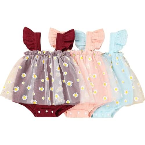 New Baby Girl’s Casual Sleeveless Romper Fashion Daisy Printed Mesh Yarn Stitching Ruffles Short Jumpsuits