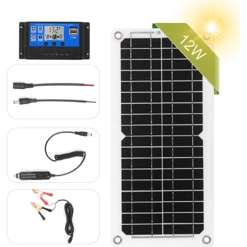 12W 12V Solar Panel Kit USB Port Off Gri-d Monocrystalline Module with Charge Controller for Camping Car Boat Marine