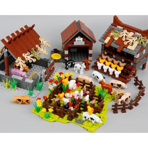 Farm Building Blocks Chicken Coop Dog House Pig Sty DIY MOC City Accessories Bricks Animal Toys Sets for Children Gifts W180