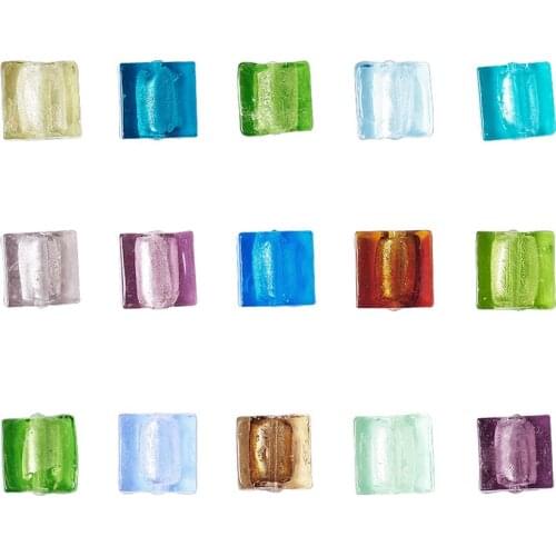 200pcs 12x12mm (0.47") Square Colorful Handmade Foil Lampwork Glass Crystal Beads Hole: 2mm for Earring Bracelets Making