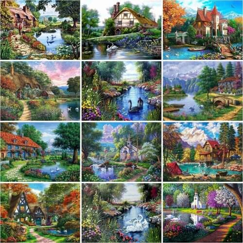 MomoArt 5D DIY Diamond Embroidery Swan Full Square Diamond Painting House Landscape Hobbies And Crafts Wall Art Decoration