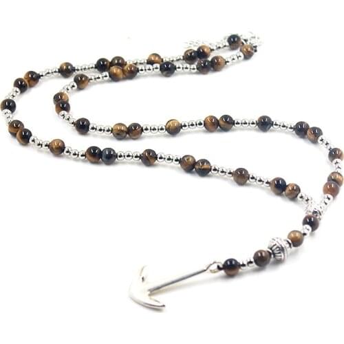 6mm Natural Tiger Stone Bead Zinc Alloy Anchor Pendant Necklace Long Mens Jewelry Birthday Gift NSN017