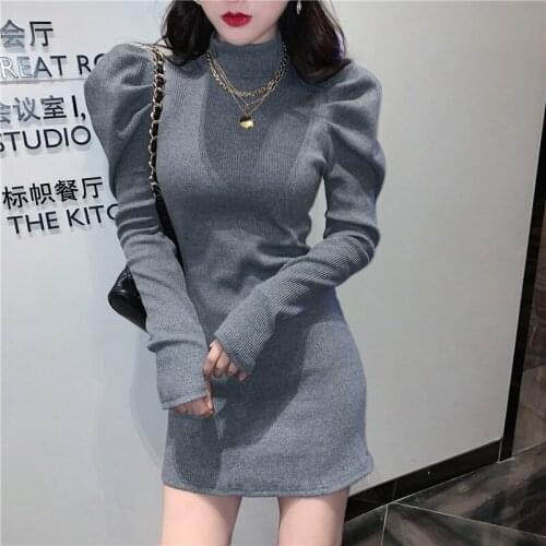 2021 spring and winter new sexy korea style fashion slim knit high waist bag hip dress half high collar long sleeve dress women