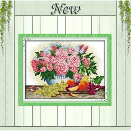 Peony & fruits,11CT Counted Printed on Canvas DMC 14CT Cross Stitch kits,Embroidering Set Needlework,flower vase Home wall Decor